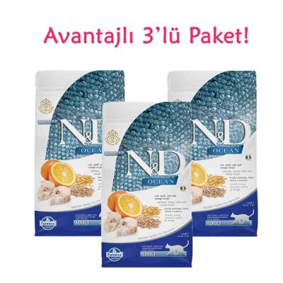 N&D Ocean Düşük Tahıllı Morina Balıklı Portakallı Yetişkin Kedi Maması 1.5 Kg ( 3 Adet ) - 1