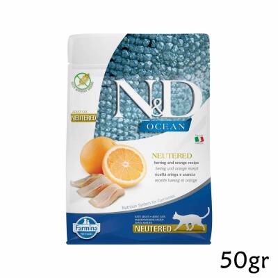 N&D Ocean Ringa Balıklı ve Portakallı Tahılsız Yetişkin Kedi Maması Deneme Boy 50gr - 1