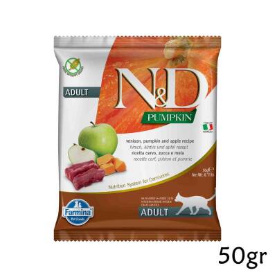 N&D Pumpkin Geyik Etli, Bal Kabaklı ve Elmalı Tahılsız Yetişkin Kedi Maması Deneme Boy 50gr - 1