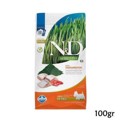 N&D Spirulina Ringa Balıklı ve Kurt Üzümlü Mini Irk Yetişkin Köpek Maması Deneme Boy 100gr - 1