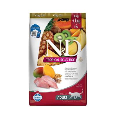 N&D Tropical Selection Düşük Tahıllı Tavuklu ve Tropikal Meyveli Yetişkin Kedi Maması 4+1kg Hediyeli! - 1