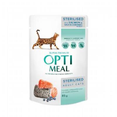 Optimeal Somonlu Yaban Mersinli Kısırlaştırılmış Yetişkin Kedi Yaş Maması 85 Gr - 1